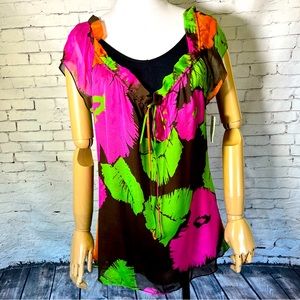 NEW NWT Milly New York Silk Floral Botanical Sheer Ruffle Blouse Tunic Size 2